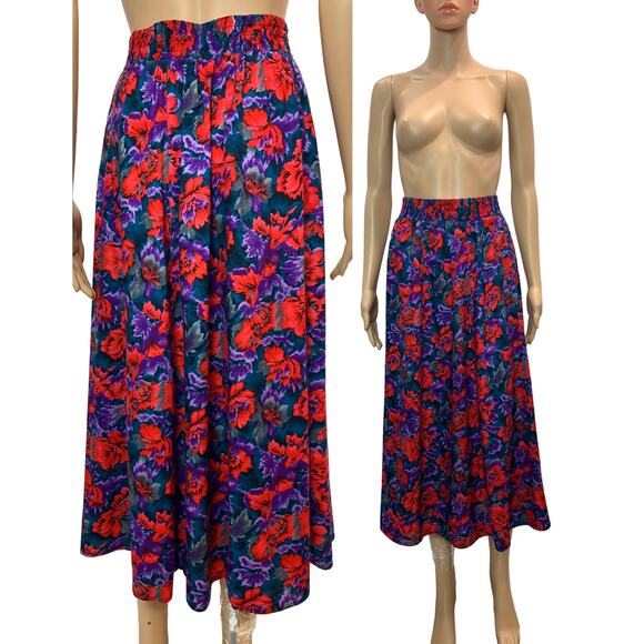 Vintage 80s Purple & Red Floral Rayon Midi Skirt | Full Skirt | Small - Picture 7 of 9
